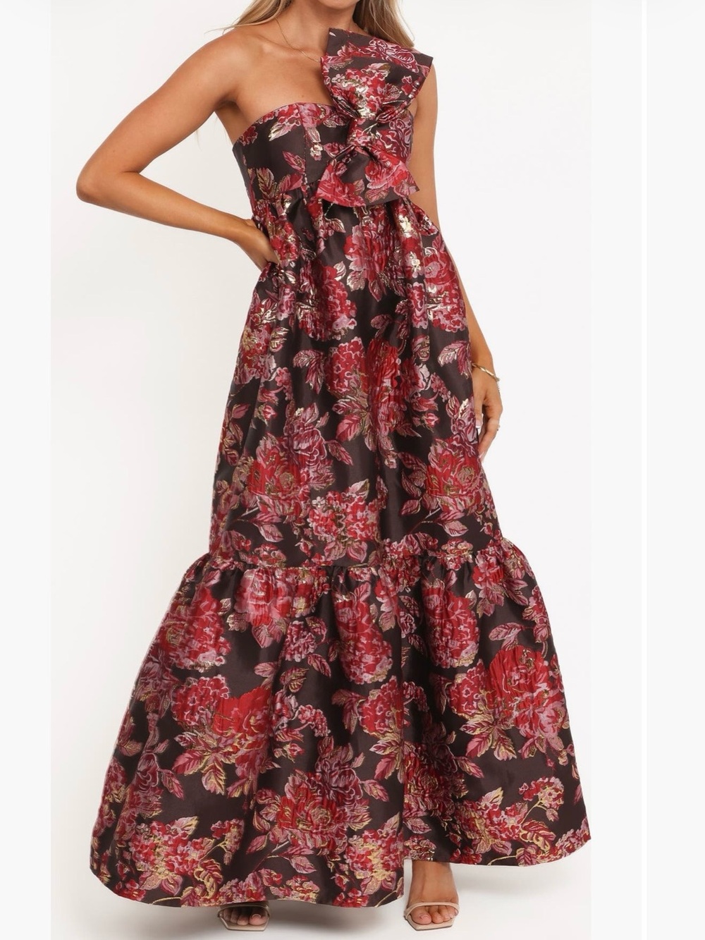 Petal & Pup Strapless Floral Maxi Dress in Black & Red